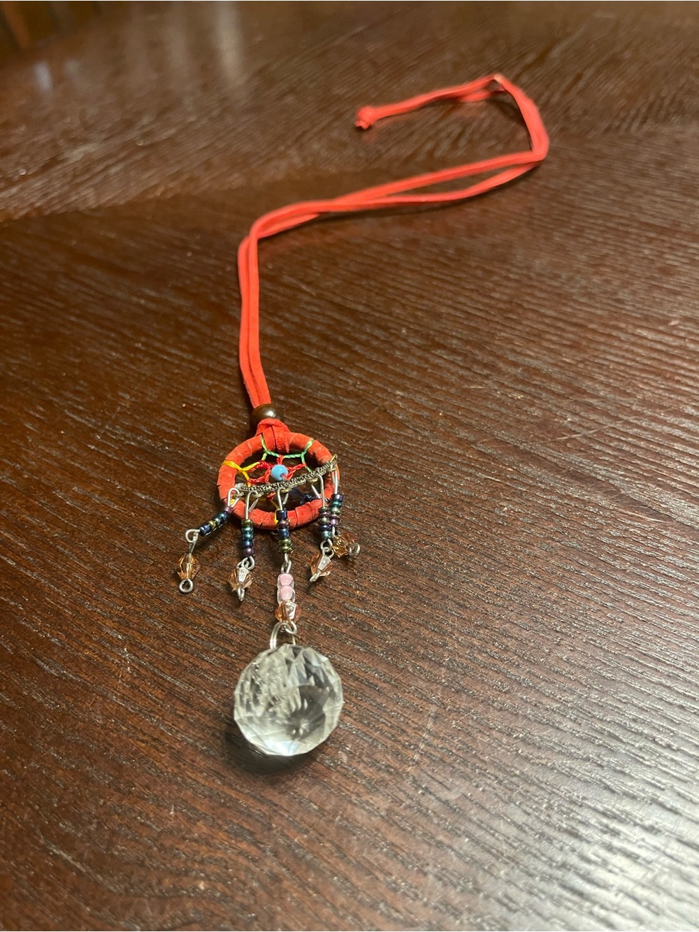 Bohemian Red Dreamcatcher Necklace with Clear Crystal Pendant